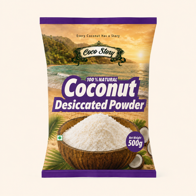 Coco Story 500g Desiccated Coconut Powder with tropical coconut artwork